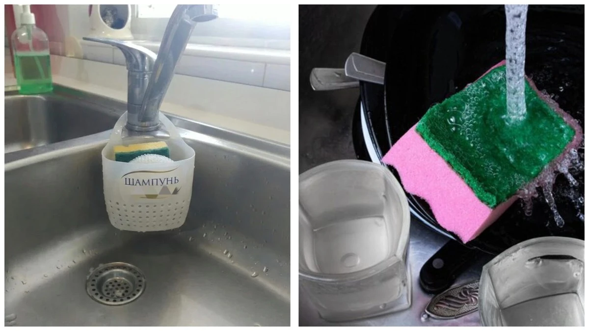 Ze staré lahve od šamponu vyrobíte praktický držák na houbičku: u dřezu bude konečně sucho a čisto